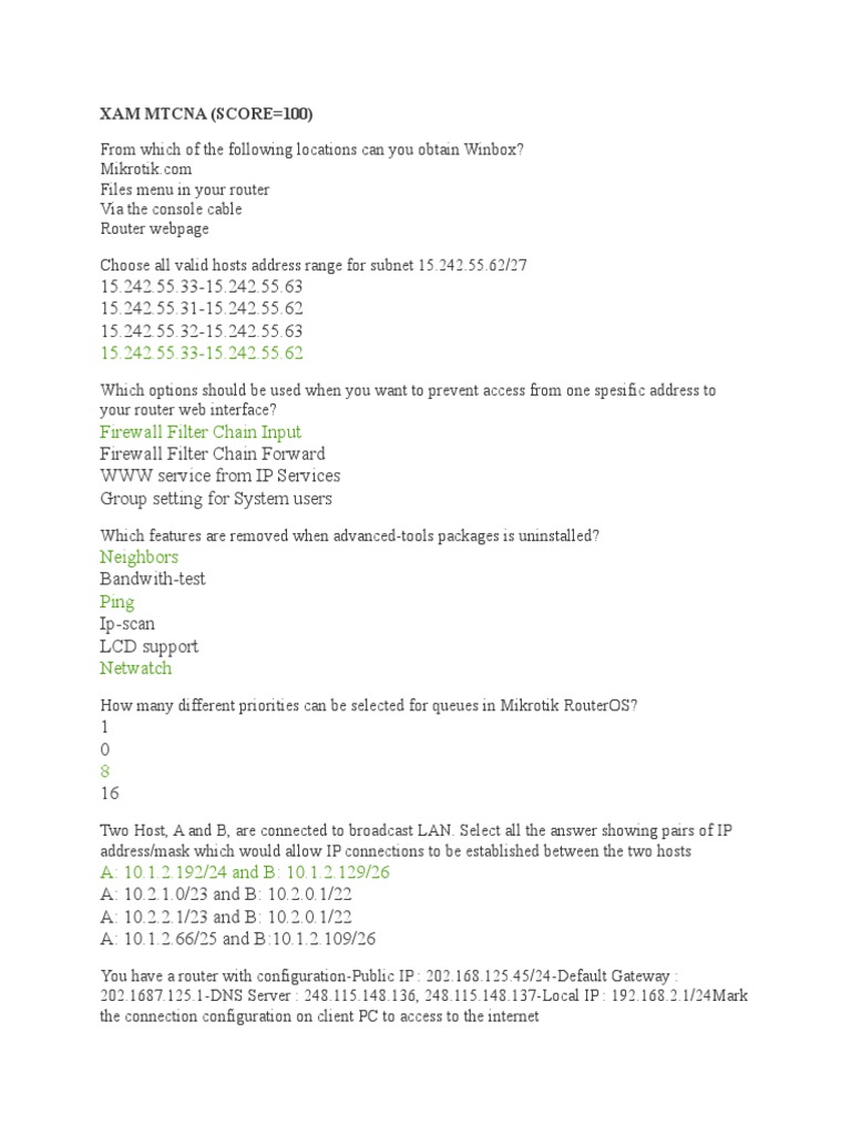 Sample Mtcna Test Answer Key Ip Address Router Computing