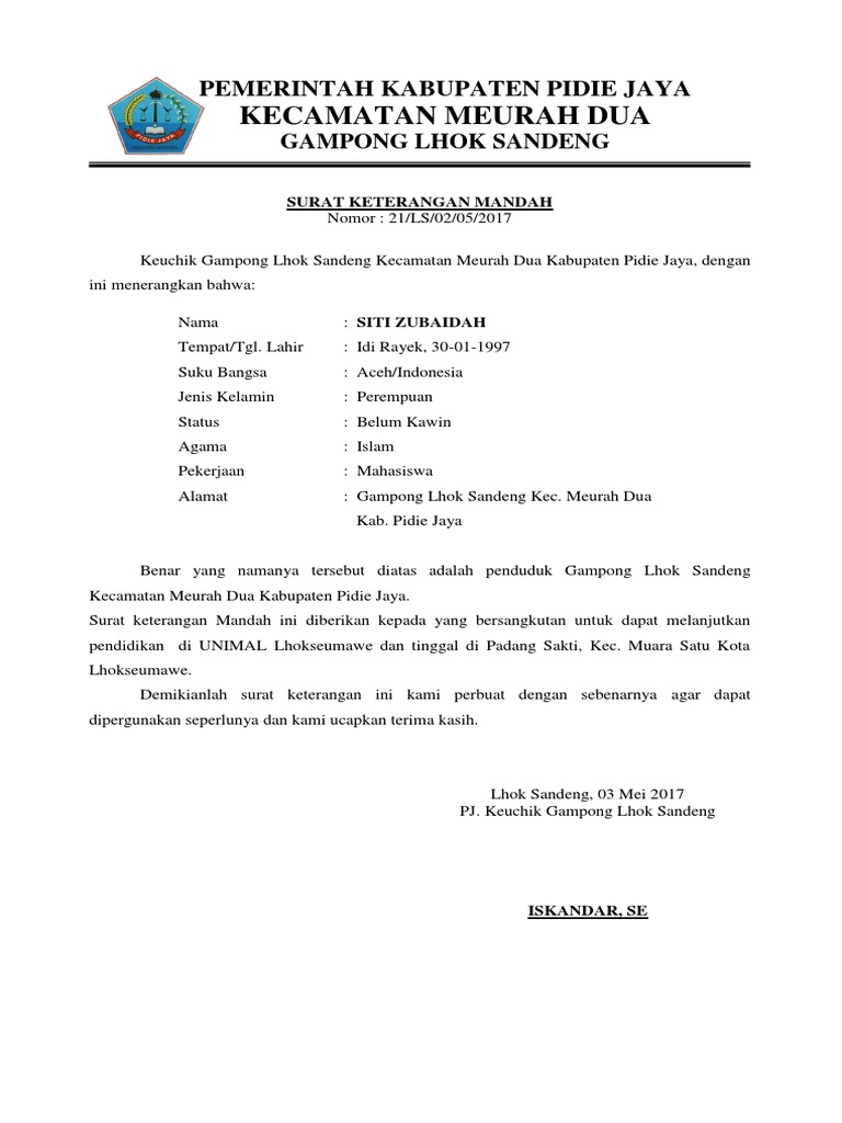 Surat Keterangan Mandah Pindah Sementara