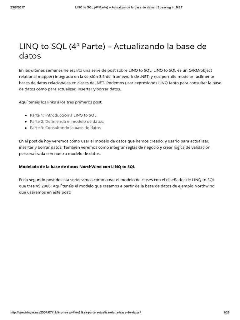 Actualización de Base de Datos con LINQ | PDF | Consulta integrada de ...
