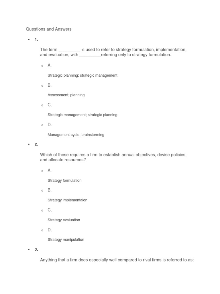 Questions and Answers PDF Strategic Management Strategic Planning