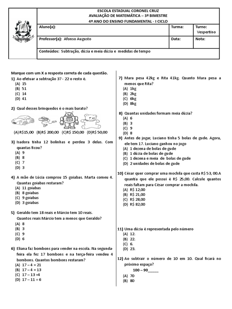 Avaliação De Matematica 4 Ano 4 Bimestre