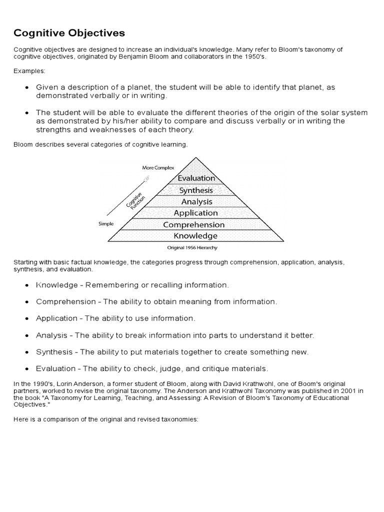 Understanding Cognitive Objectives | PDF | Reading Comprehension ...