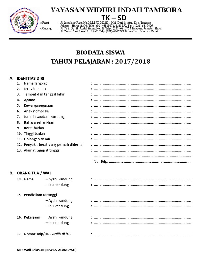 Contoh Biodata Raport Smp