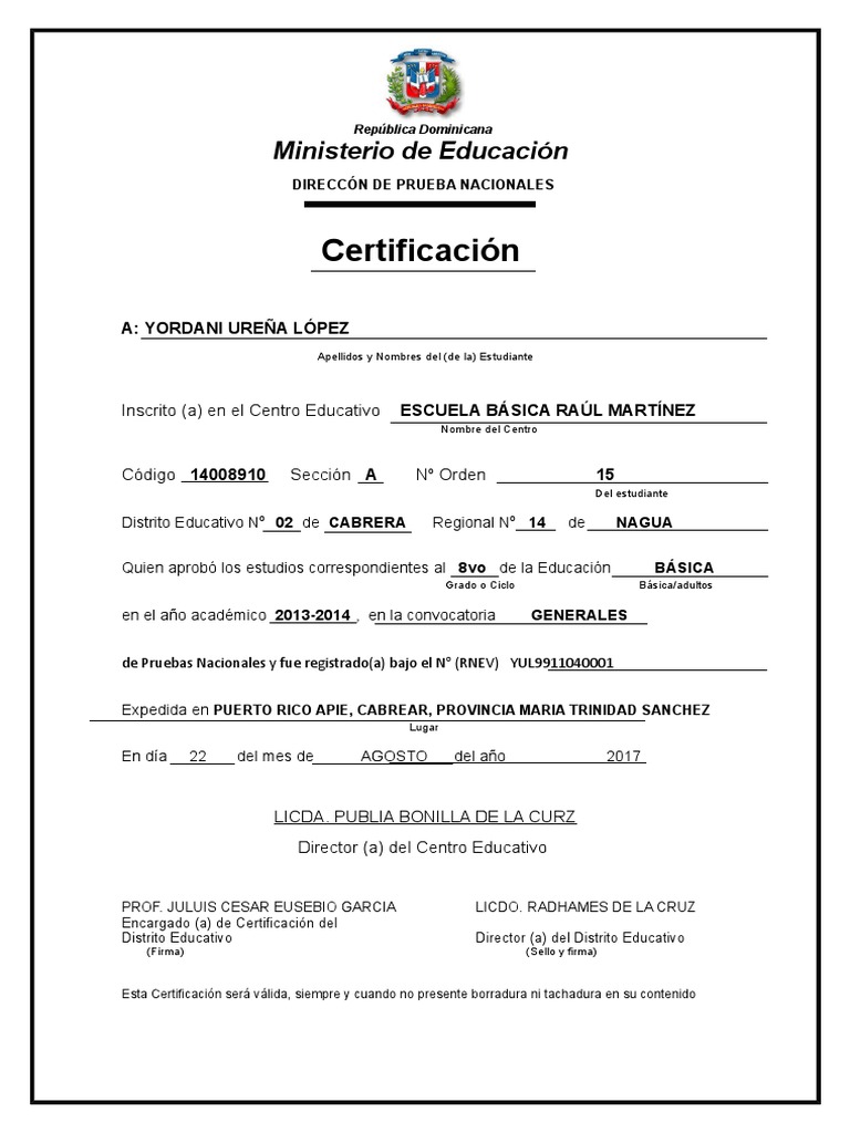 Certificado de Bachillerato República Dominicana | PDF