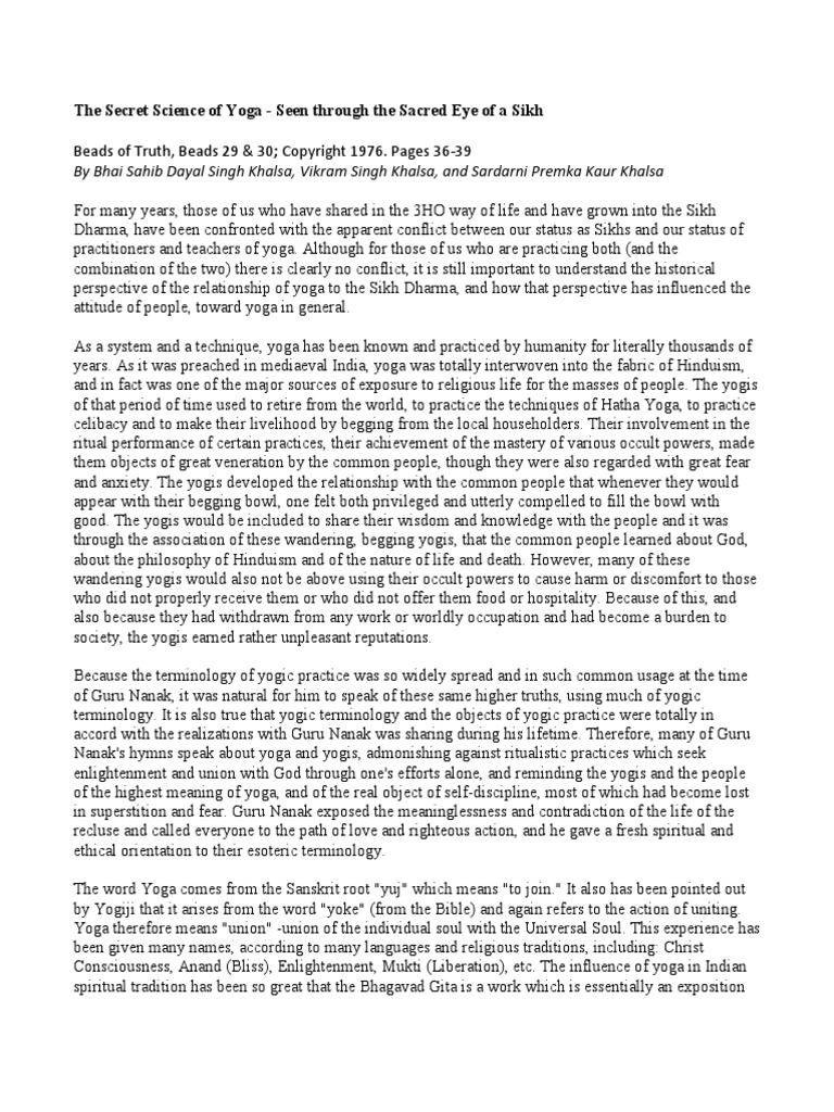The Secret Science of Yoga - Seen Through The Sacred Eye of A Sikh PDF ...