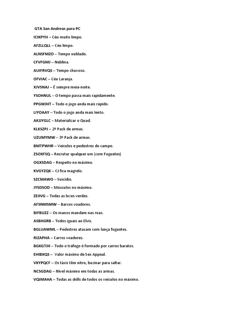 Todos Os Códigos Do GTA San Andreas | PDF | Tráfego | Indústrias