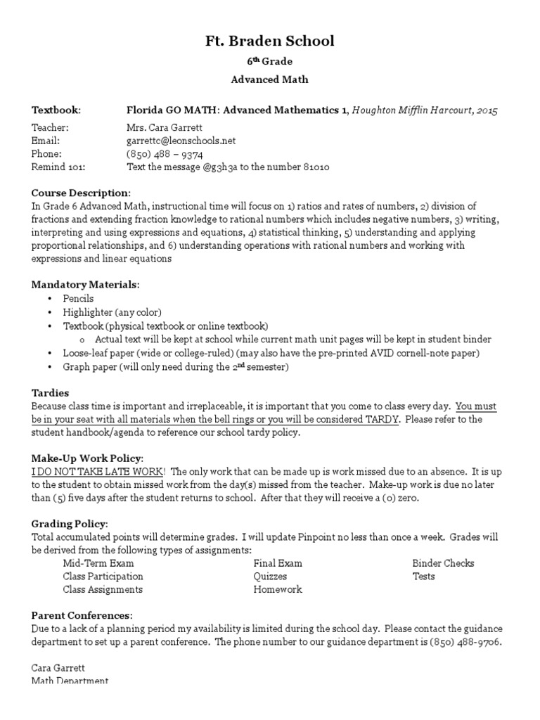 6 Math Syllabus | PDF | Ratio | Homework