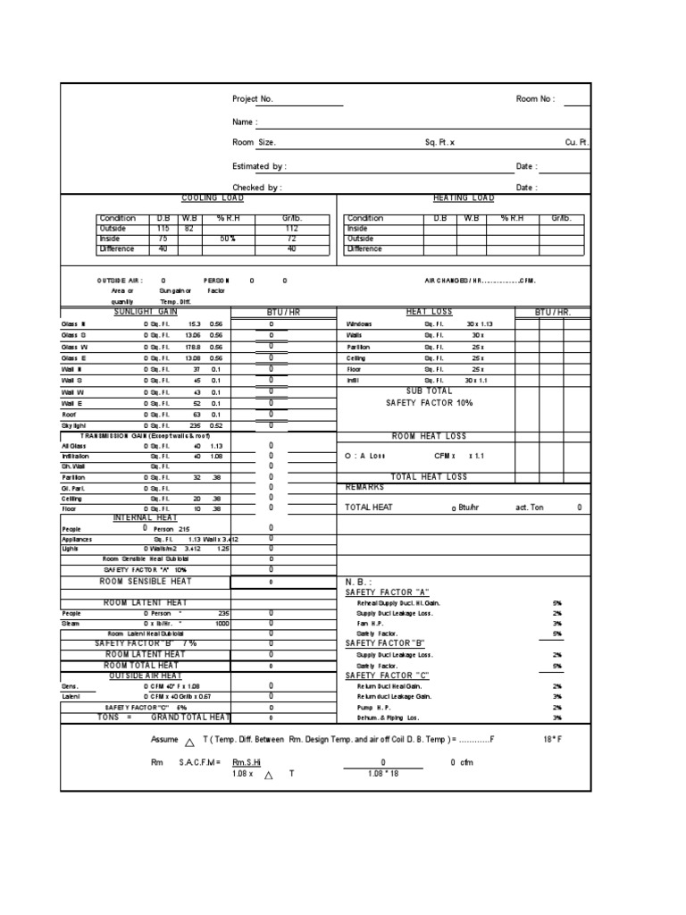 HVAC Cooling Load Estimate Sheet Engineering Thermodynamics Civil