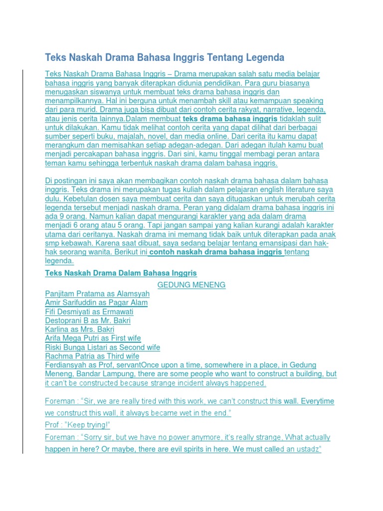 Teks Naskah Drama Bahasa Inggris Tentang Legenda Bahasa