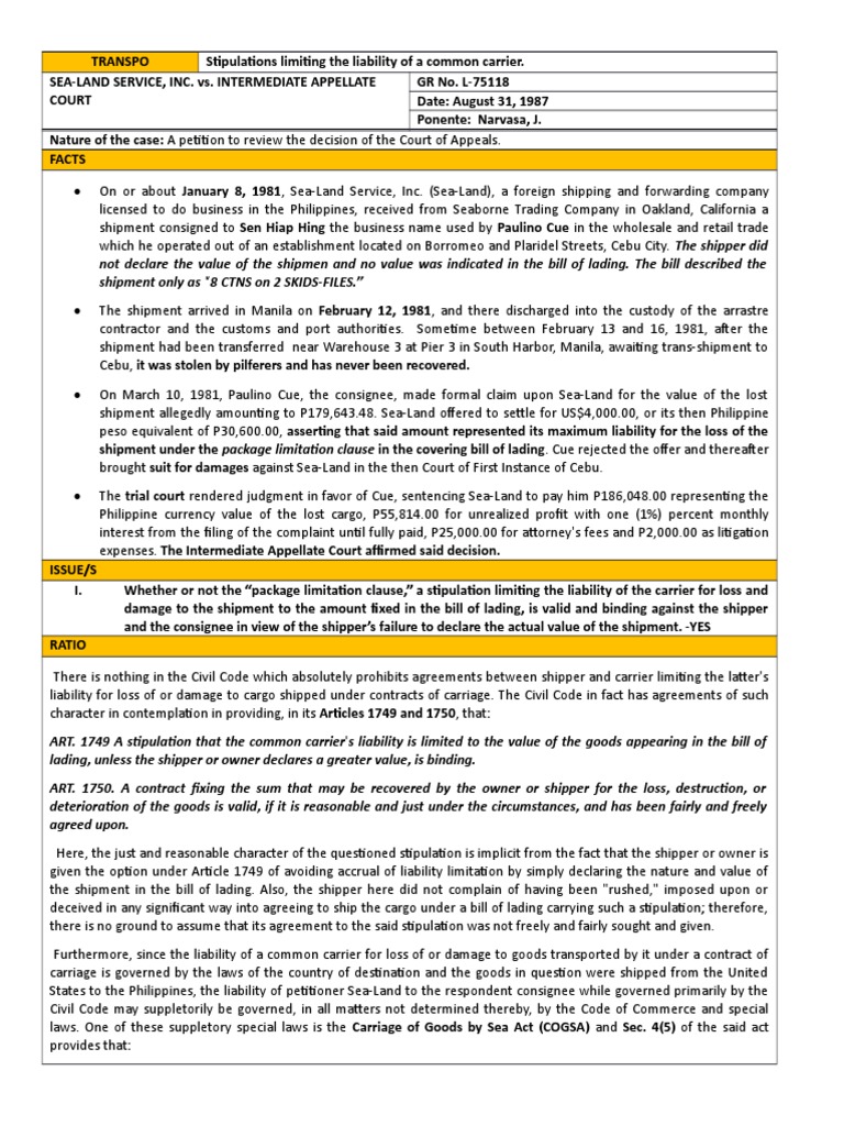 Sealand Service Inc. Vs IAC PDF Bill Of Lading Cargo