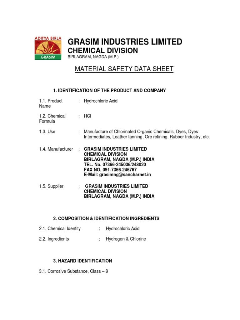 Hydrochloric Acid MSDS Overview | PDF | Chlorine | Hydrochloric Acid
