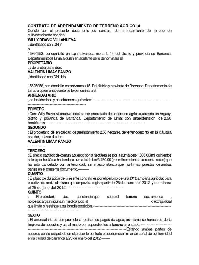 Contrato de Arrendamiento de Terreno Agricola Gobierno