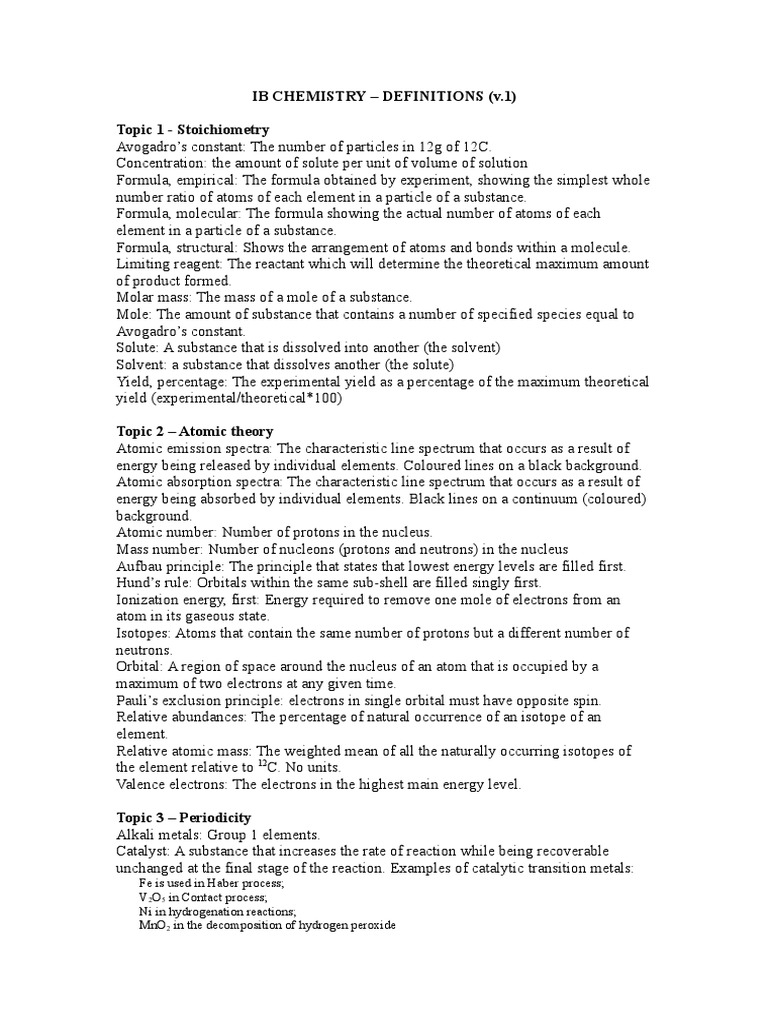 Ib Chemistry - Definitions (V.1) Topic 1 - Stoichiometry | PDF