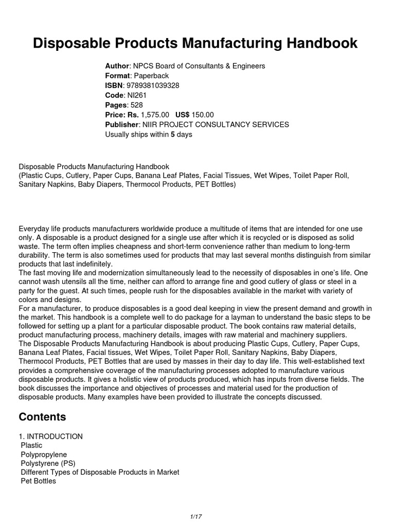 Niir Disposable Products Manufacturing Handbook PDF PDF Polystyrene