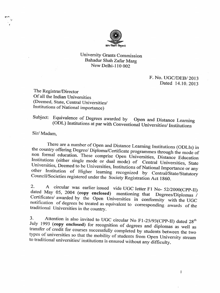 UGC Letter ODLEquivalenceDegrees PDF | PDF