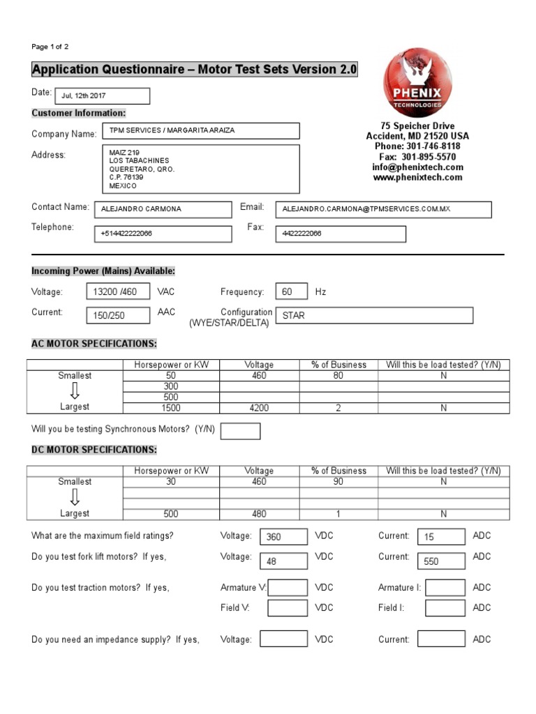 Questionnaire Motor Testing Mains Electricity Electrical Engineering