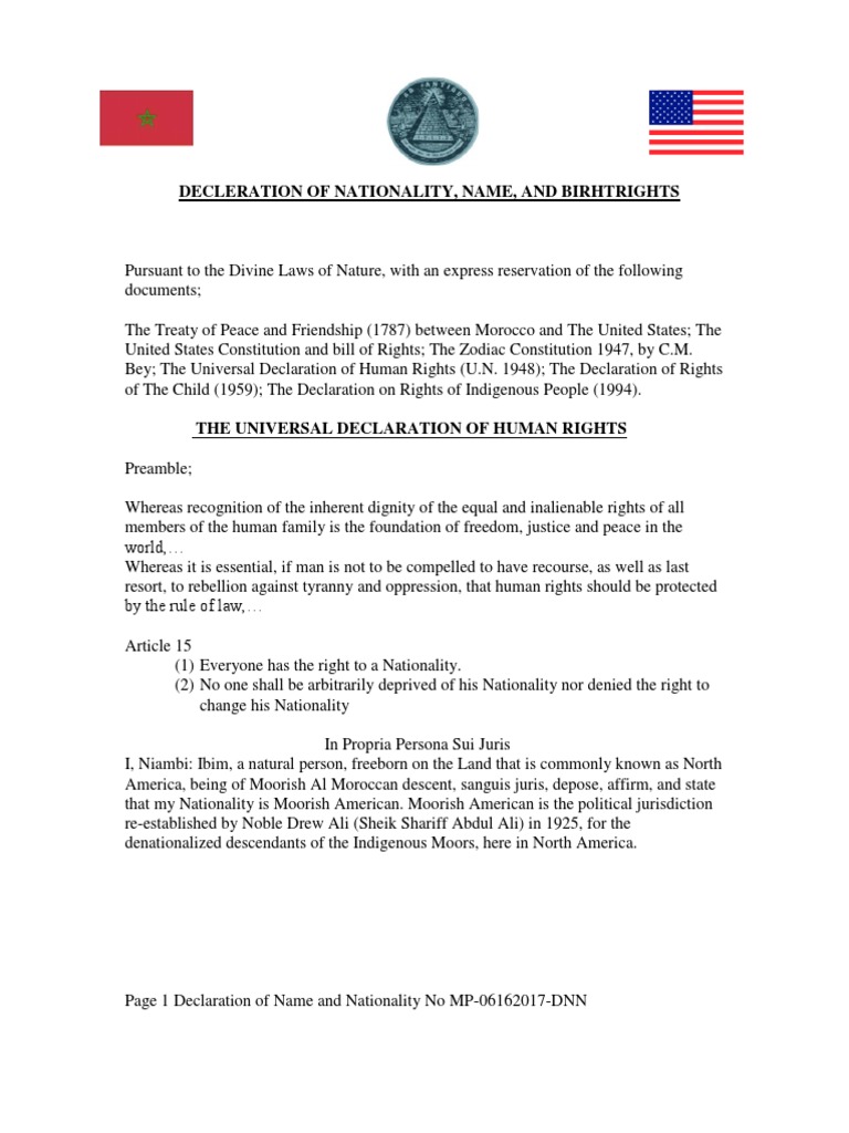 Declaration of Nationality PDF Natural And Legal Rights Moors