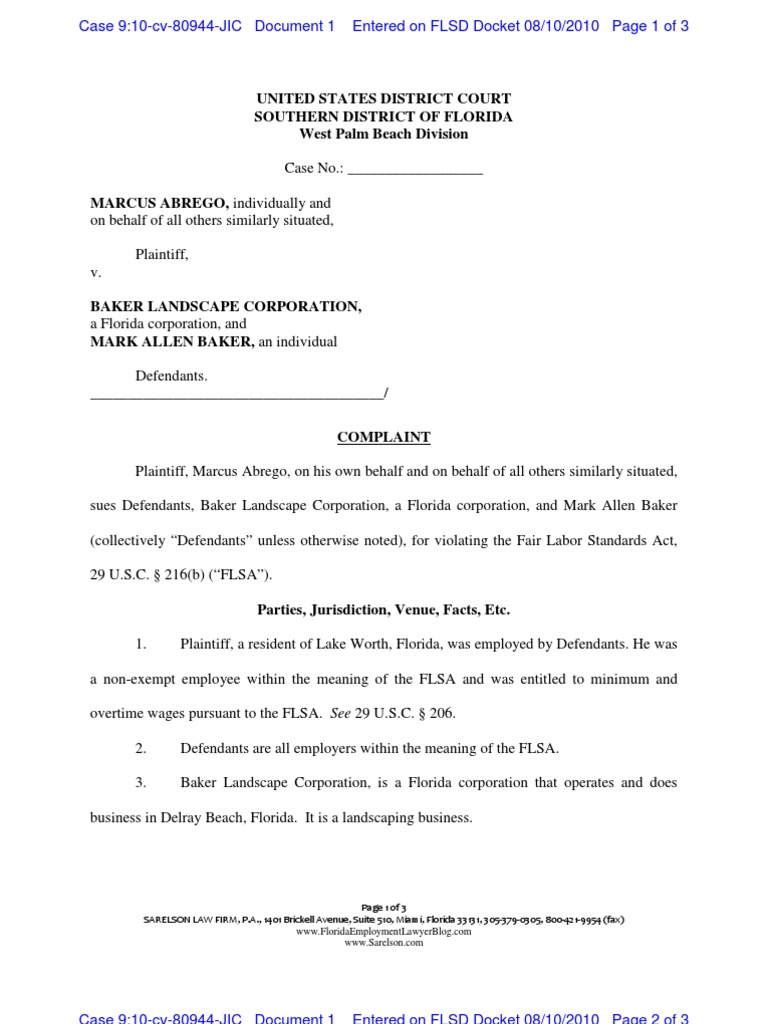 Abrego v. Baker Landscaping Corporation PDF Complaint Employment