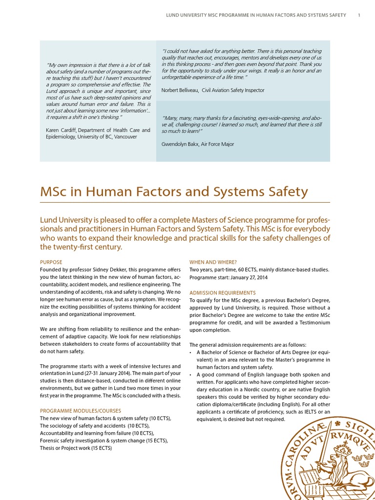 MSc in Human Factors & Safety at Lund | PDF | Master Of Science ...