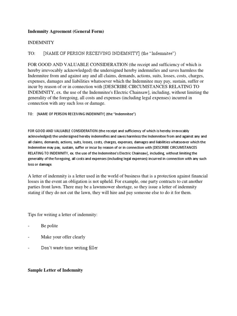 Indemnity Agreement Sample Format | PDF | Indemnity | Government ...