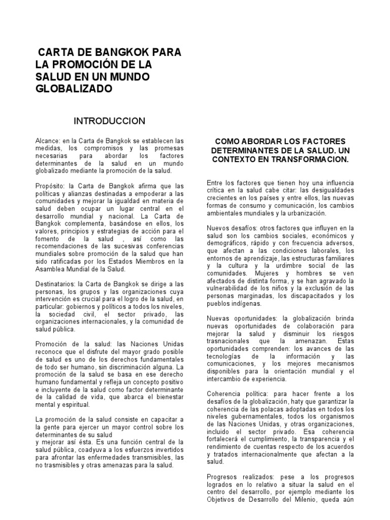 CARTA DE BANGKOK PARA LA PROMOCIÓN DE LA SALUD EN UN MUNDO 
