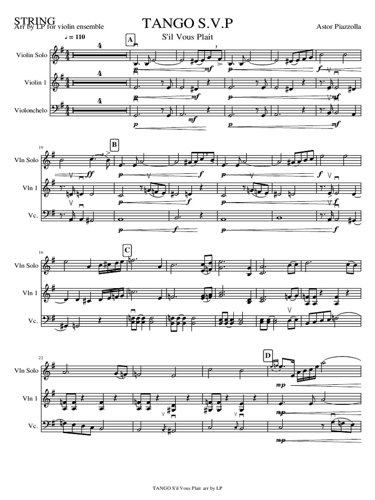 TANGO S V P by Piazzolla For Violin ensemble-STRING PDF | PDF | Tango ...