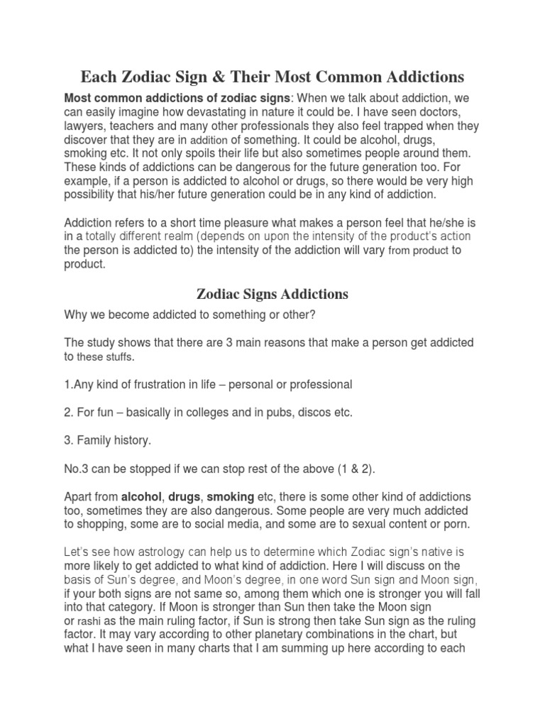 Zodiac Sign Their Most Common Addictions Pdf Astrological Sign