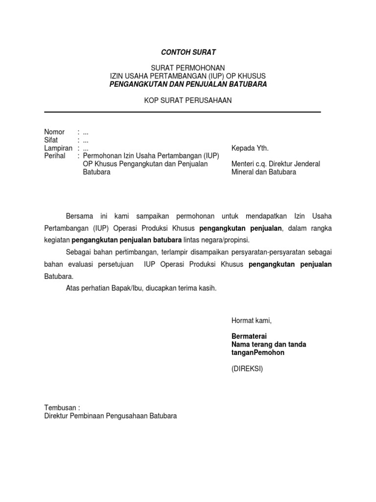 Contoh Surat Permohonan Iup Op Khusus Angkut Jual Batubara Minerba