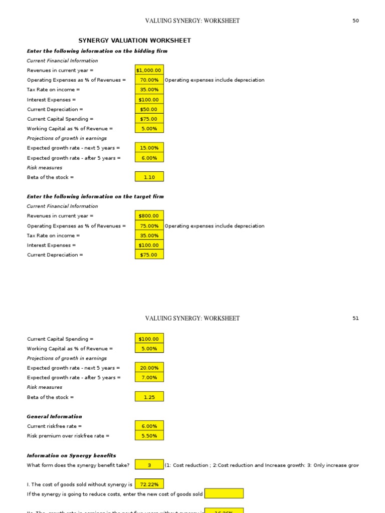 Synergy Valuation Worksheet Guide | PDF | Depreciation | Revenue