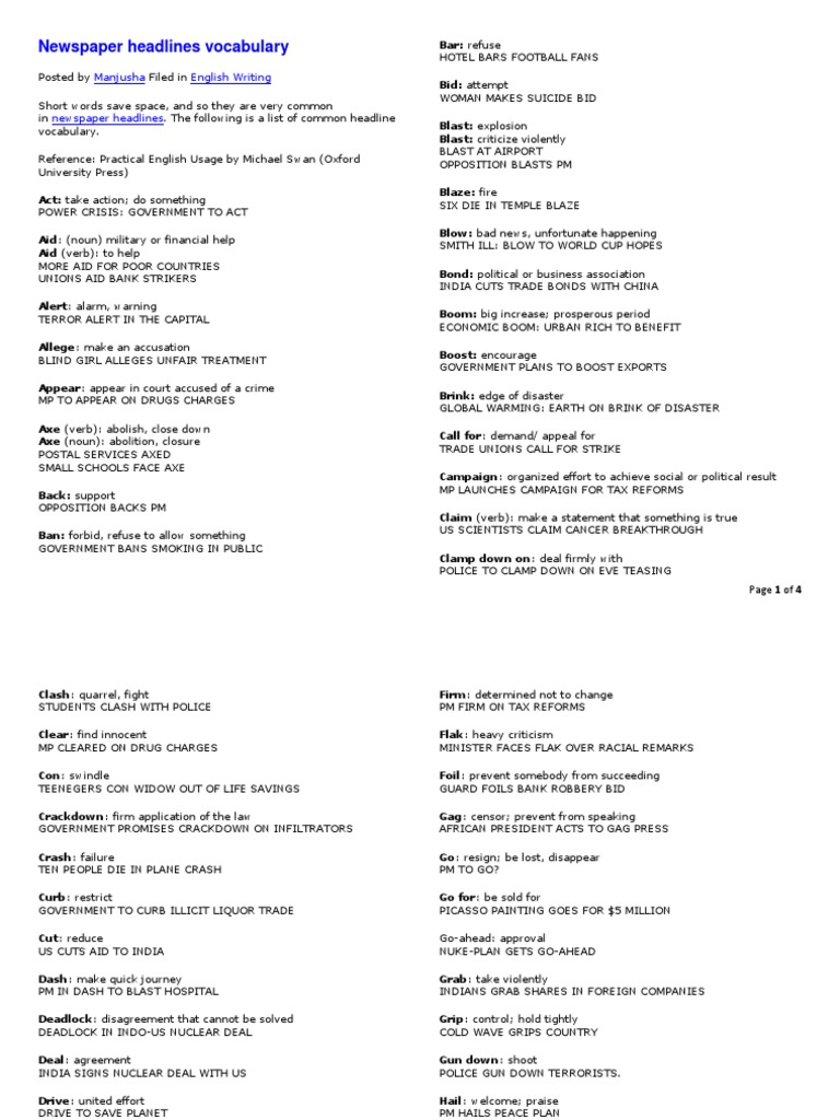 Newspaper Headlines Vocabulary PDF Organized Crime The United States