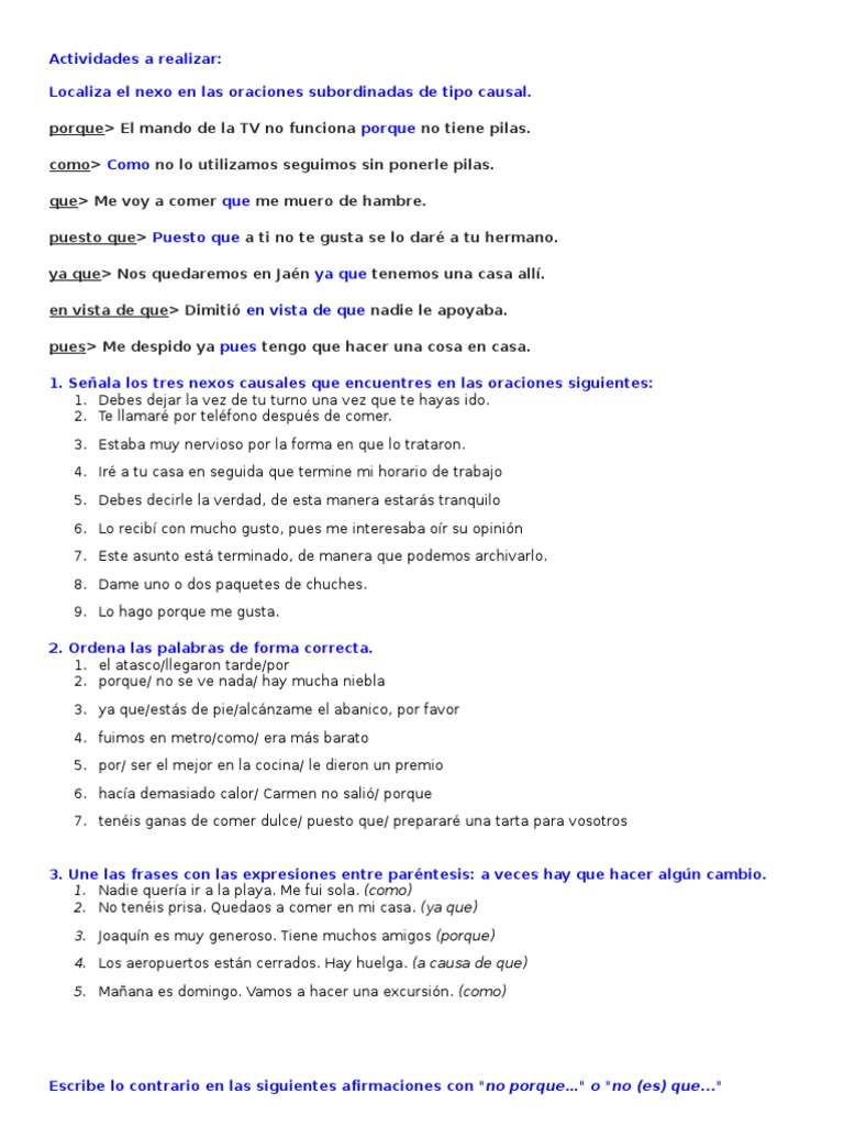 Ejercicios de oraciones subordinadas | PDF | Artes del Lenguaje y ...
