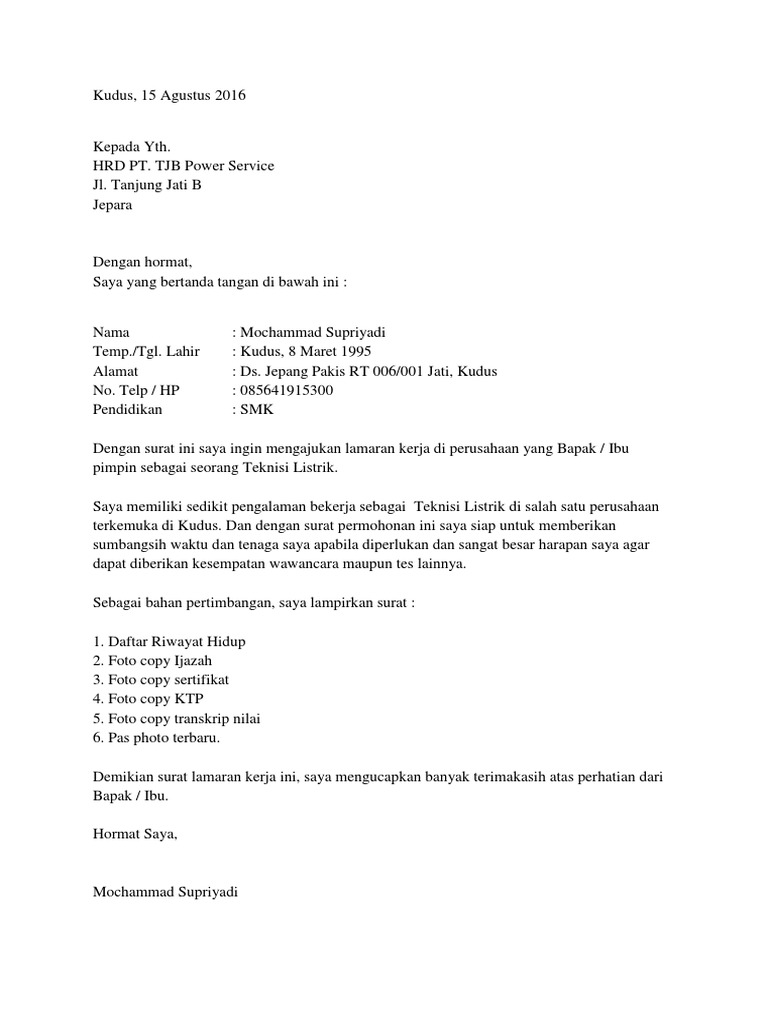 Contoh Surat Lamaran Kerja Bahasa Indonesia Docx