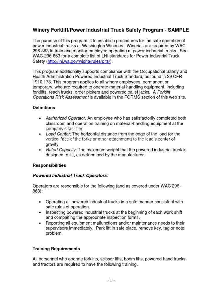 Sample Forklift Safety Program Docx Forklift Truck