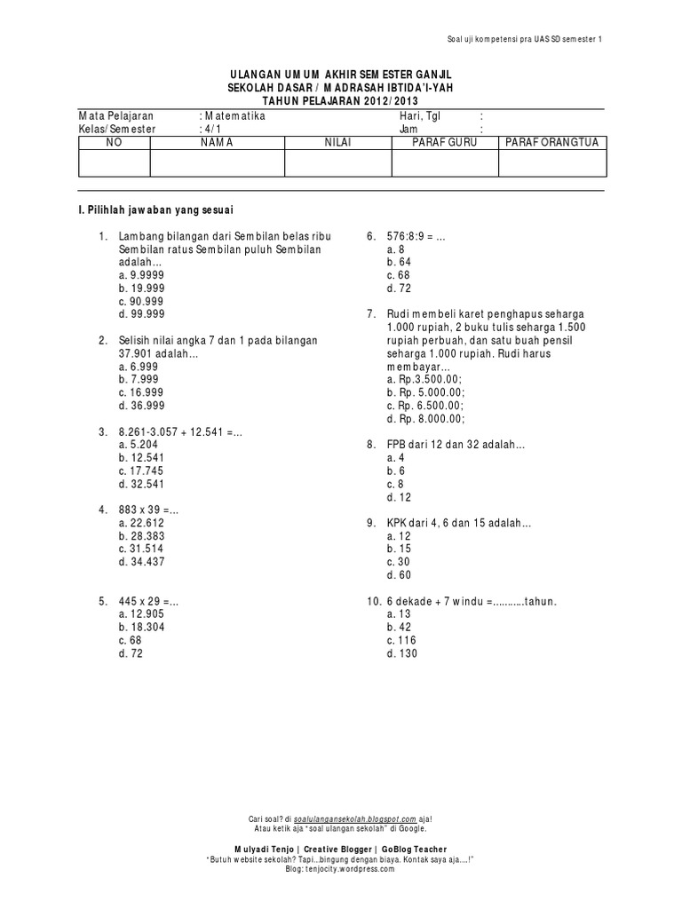 130331981 Soal Uas Matematika Sd Kelas 4 Semester 1 Pdf