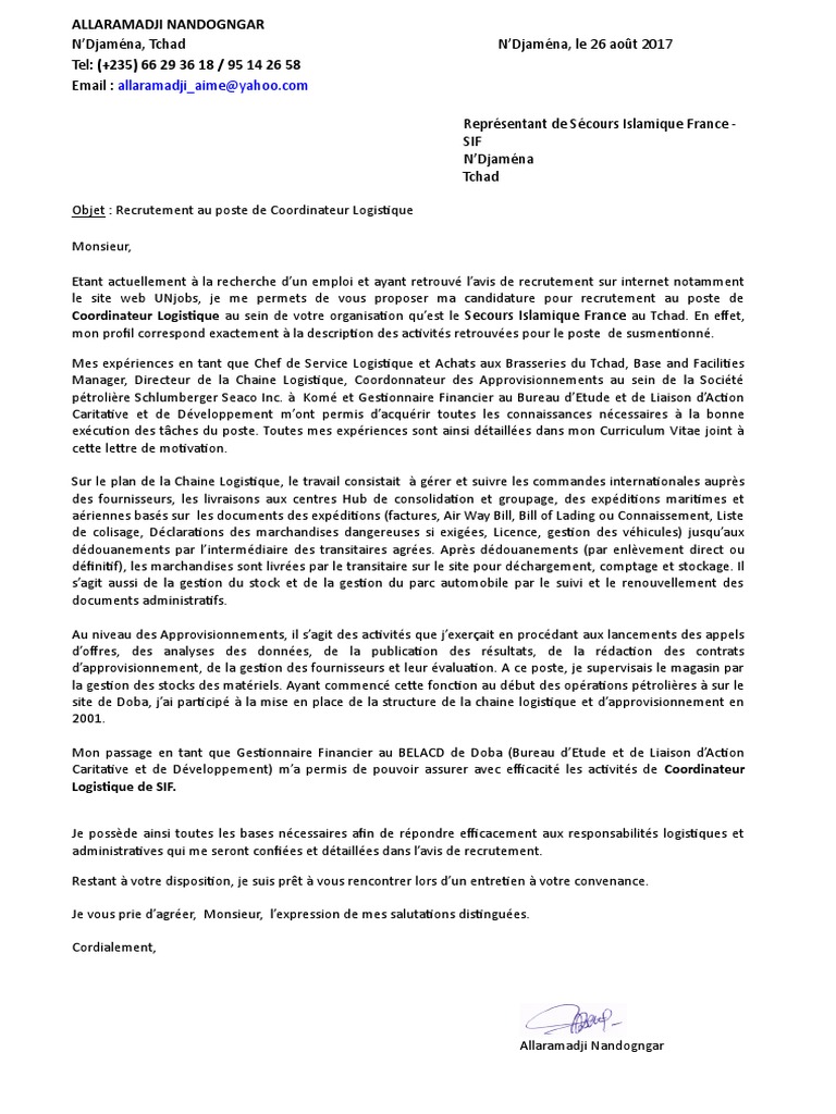 Lettre de Motivation SIF 2017  Recrutement  Logistique