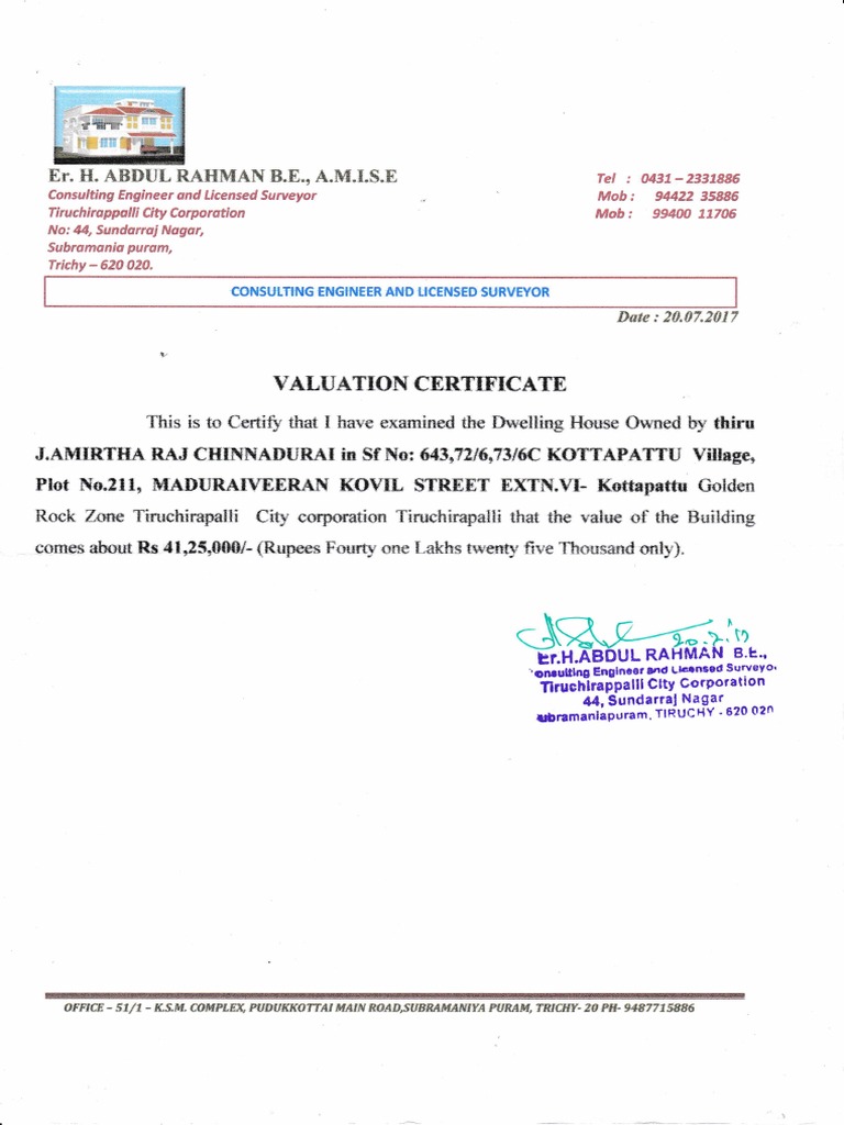 Valuation Certificate Rupee Building Materials