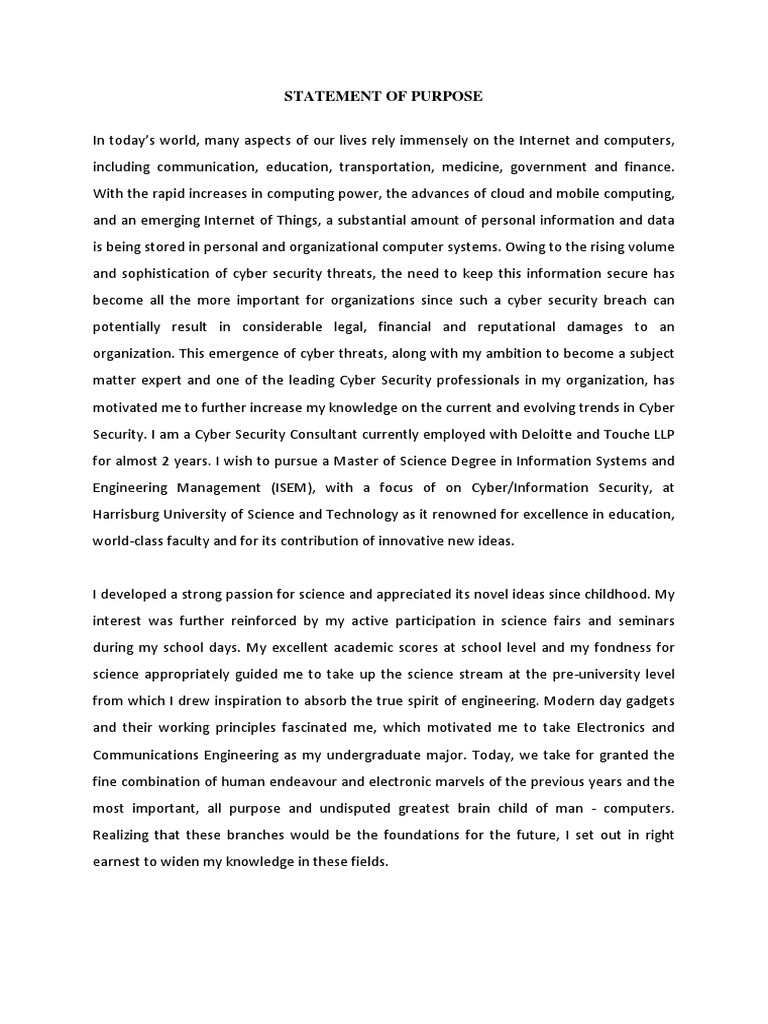 Statement of Purpose for Master's Degree in Cyber Security to Further ...