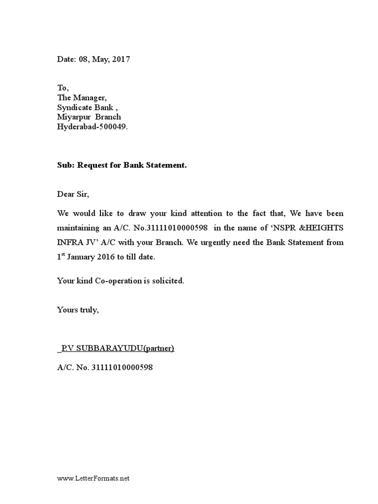 Bank Statement Request Letter To The Bank Manager Banking