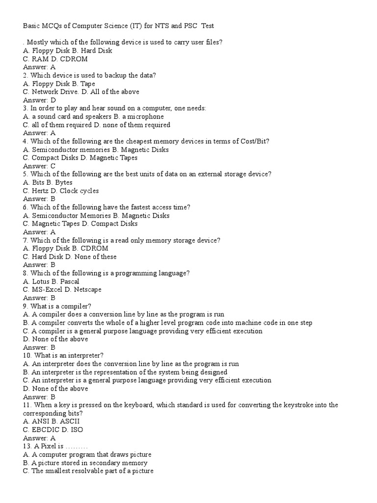 Computer Science MCQs for NTS & PSC | PDF | Disk Storage | Computer ...