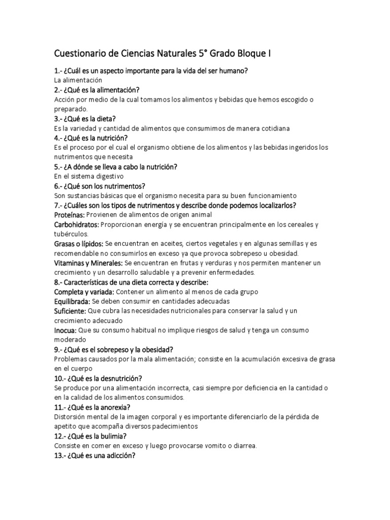Cuestionario Ciencias Naturales Bloque I Alimentos Nutrición