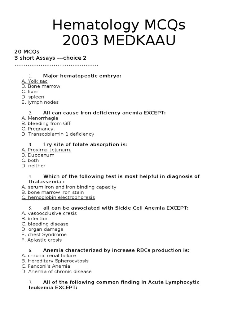 Hematology Mcqs PDF Anemia Leukemia