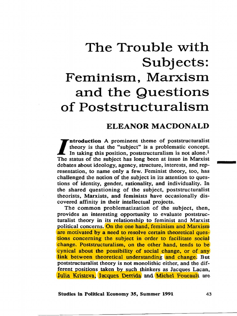 MACDONALD, Eleanor. The Trouble With Subjects. Feminism, Marxism and