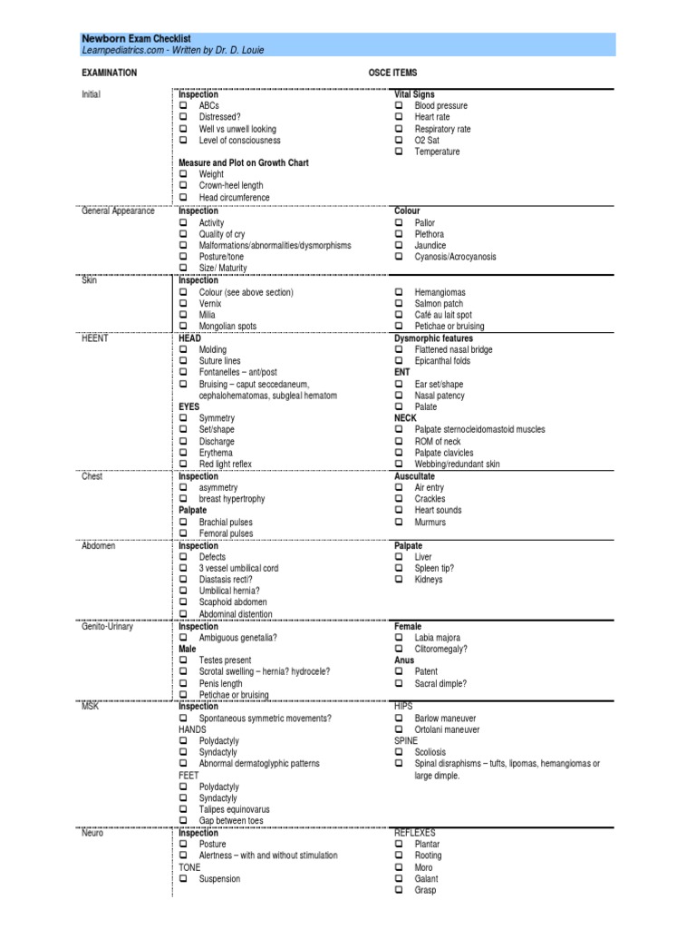 Newborn Exam Checklist PDF | PDF | Abdomen | Medical Specialties