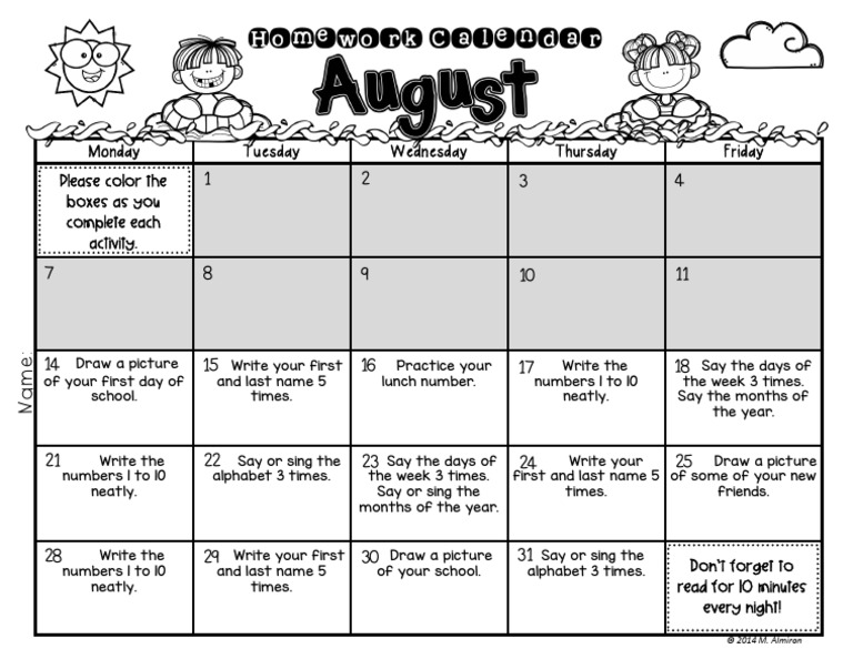 August Homework Calendar PDF Sports Leisure