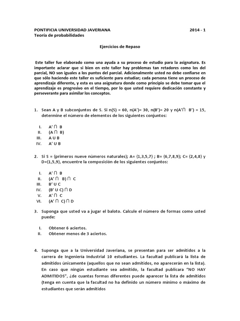 Ejercicios Propuestos - Teoría de Probabilidades 2014-1 PDF | PDF ...
