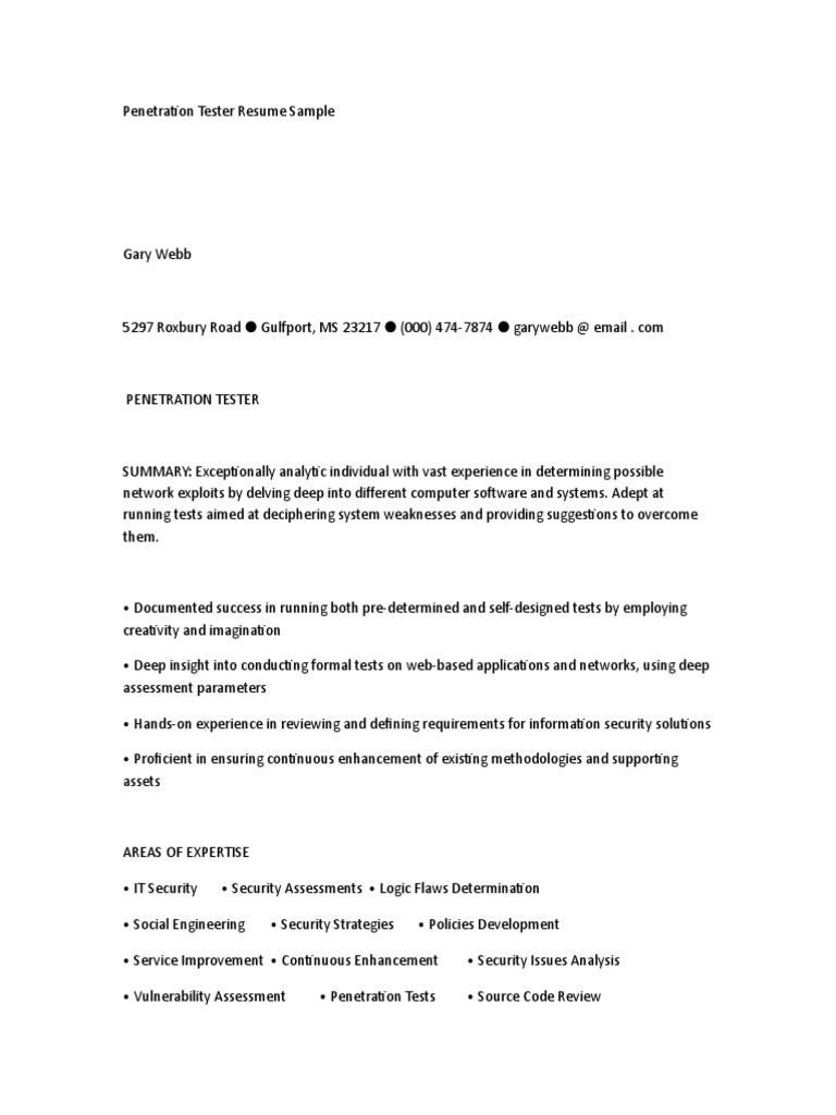 resume Penetration Tester Resume penetration tester resume sample test computer security