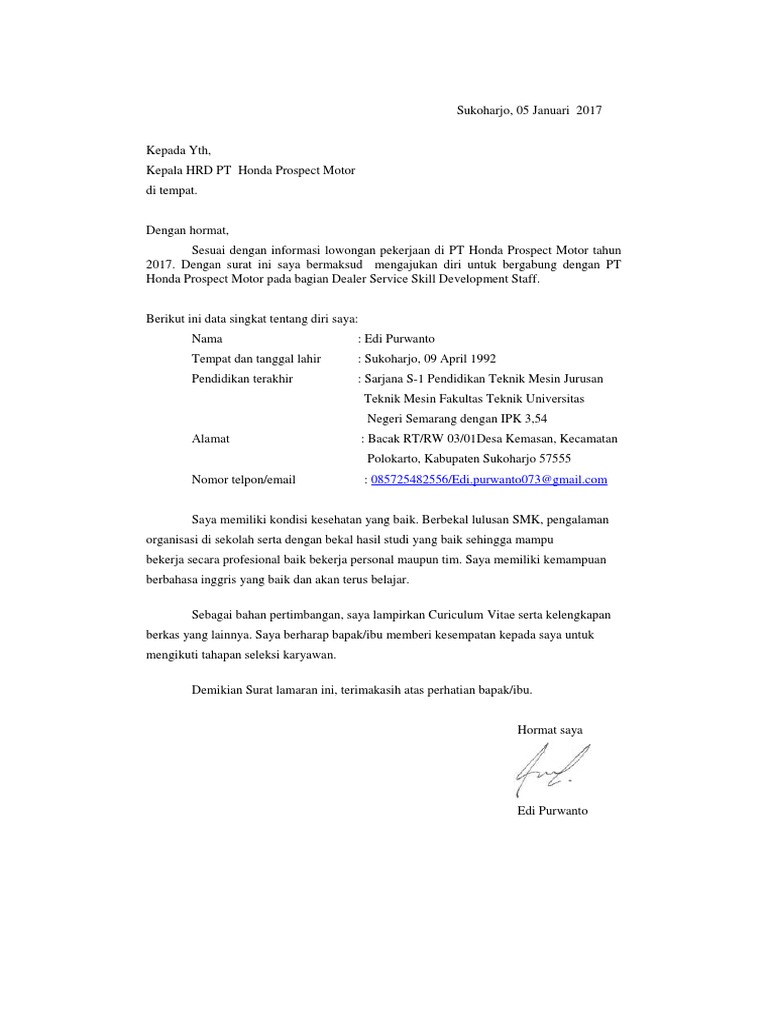 Surat Lamaran Pt Honda Prospect Motor Pdf