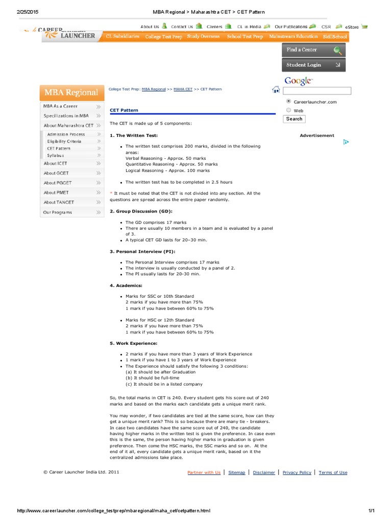 CET Pattern: College Test Prep: MBA Regional MAHA CET CET Pattern | PDF ...