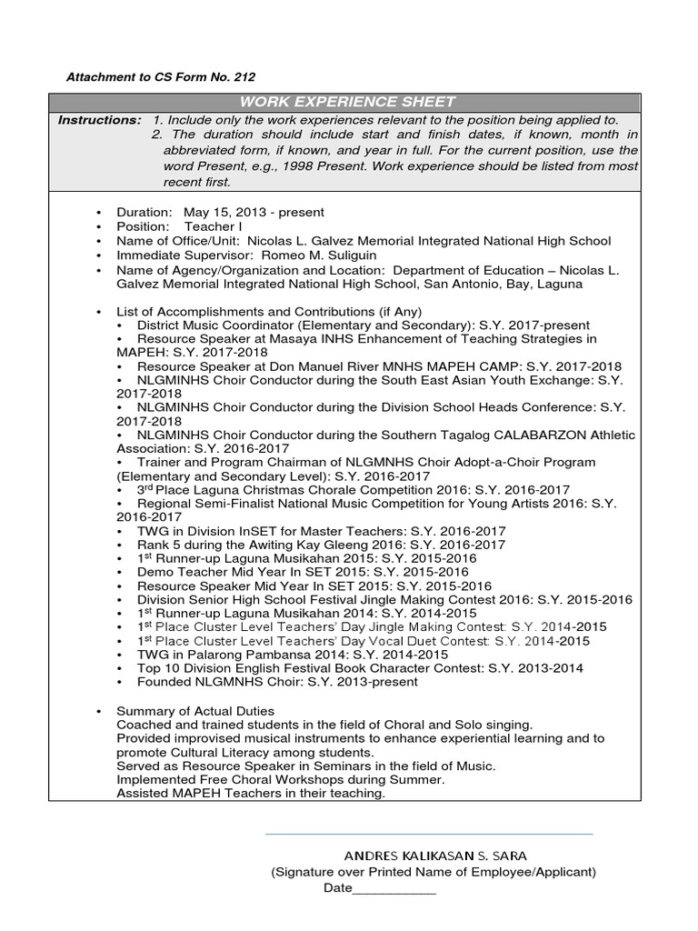 Work Experience Sheet Example