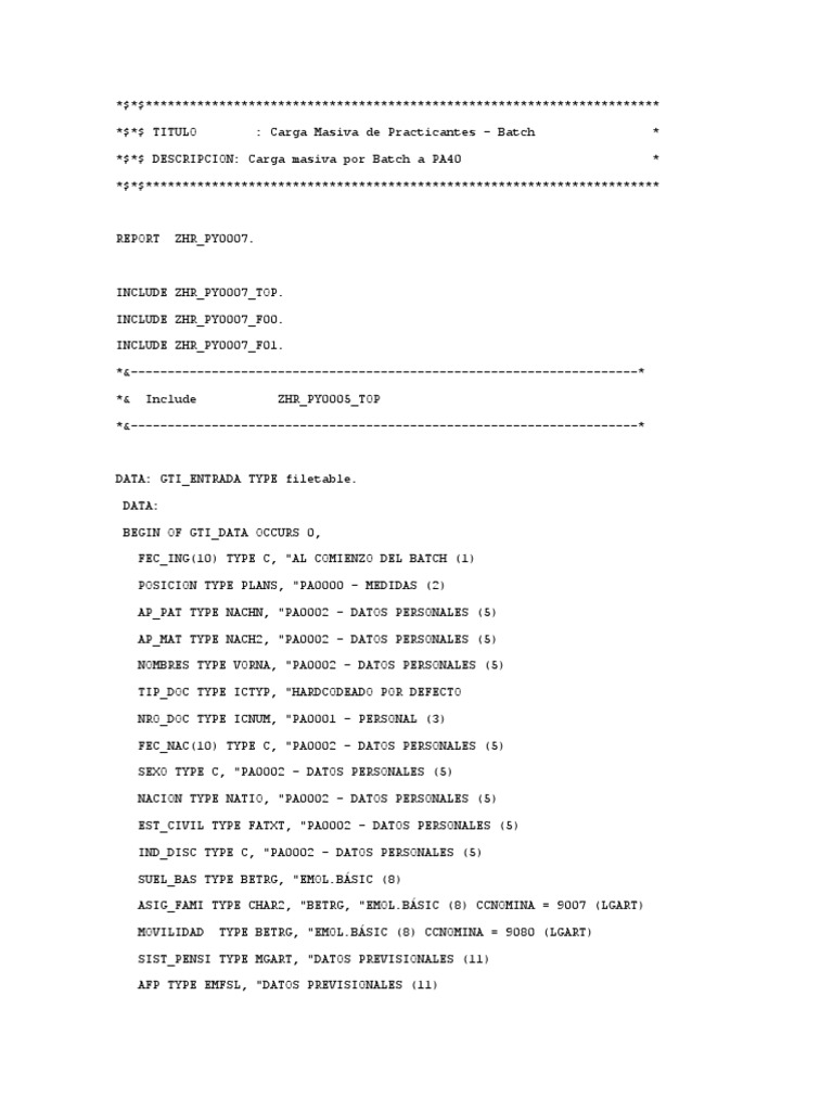 CÓDIGO ABAP - Carga Batch Input de Practicantes HCM | PDF ...